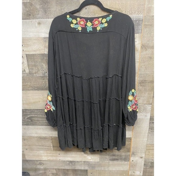 Free People Womens Boho Black Floral Embroidered Long Sleeve Mini Dress Size XS - Picture 6 of 7